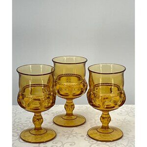 Indiana Glass Vtg Amber‎ King's Crown Thumbprint Glass set/3 Goblets 5.5" Tall